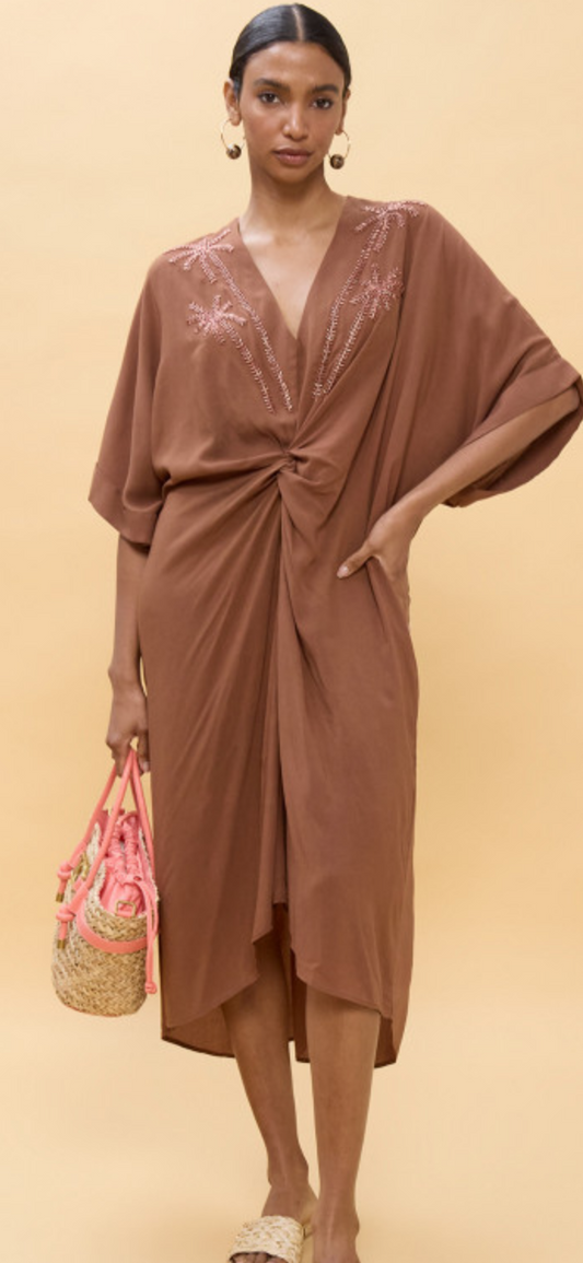 Knotted linen midi dress Brown