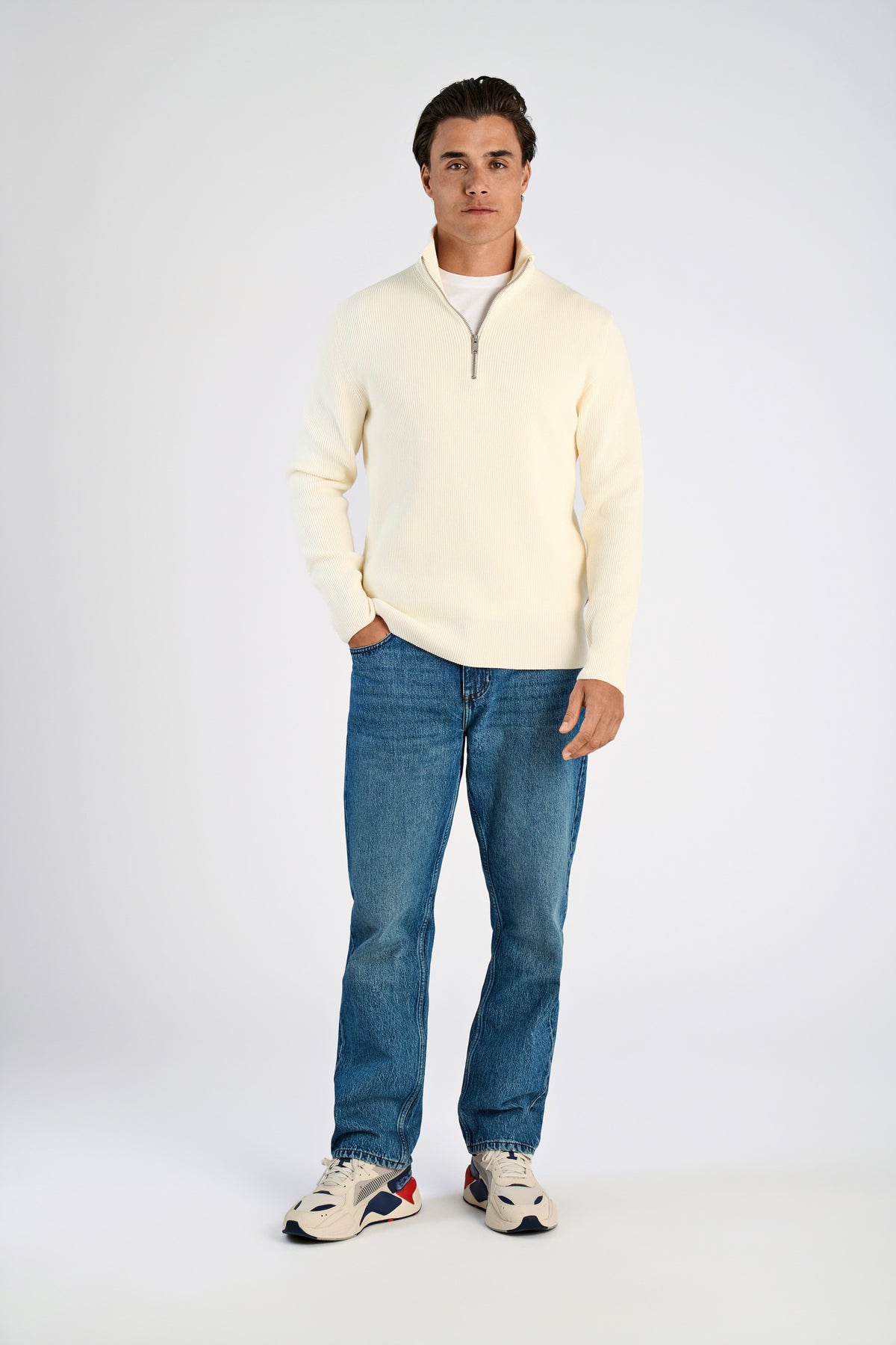 Lindbergh Half zip rib knit – Pearl White