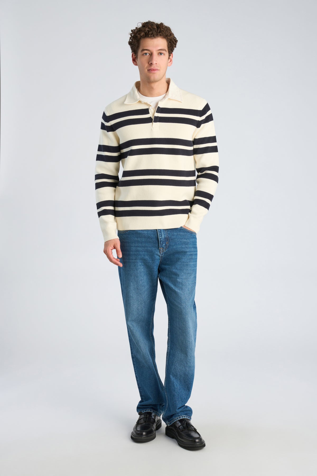Lindbergh Knit striped L/S rugby shirt – Pearl White
