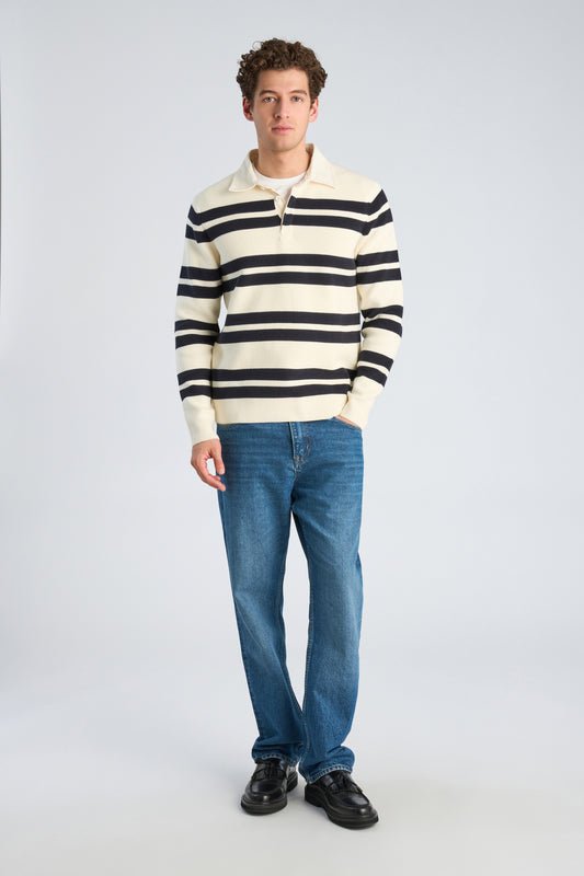 Lindbergh Knit striped L/S rugby shirt – Pearl White