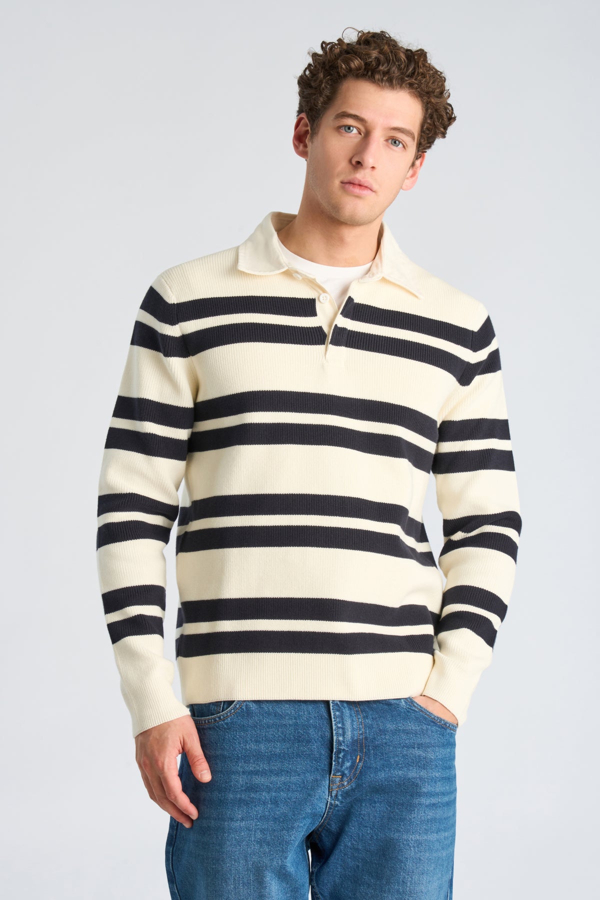 Lindbergh Knit striped L/S rugby shirt – Pearl White