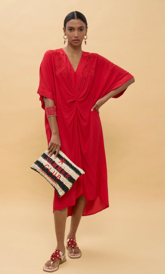 Knotted linen midi dress Red