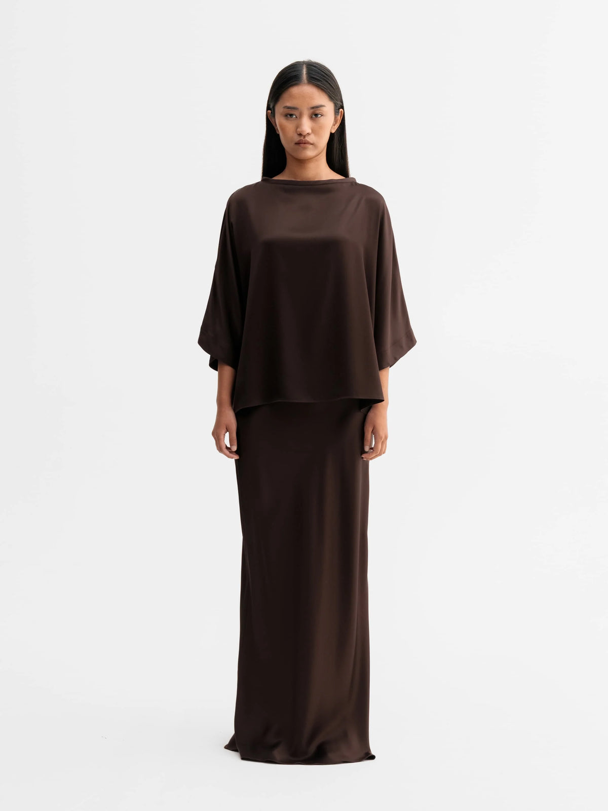 Ahlvar Gallery | Hana Long Satin Skirt – Dark Brown