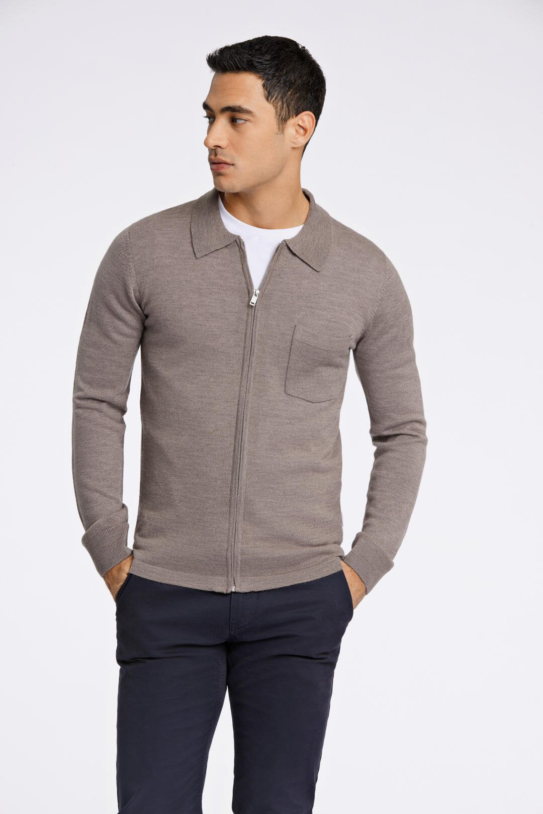 Merino polo cardigan Dark sand