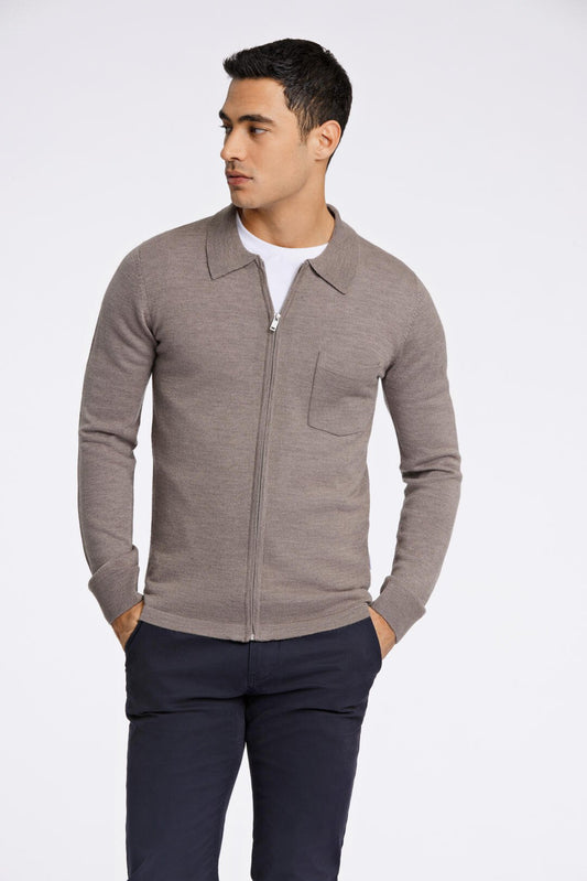 Merino polo cardigan Dark sand