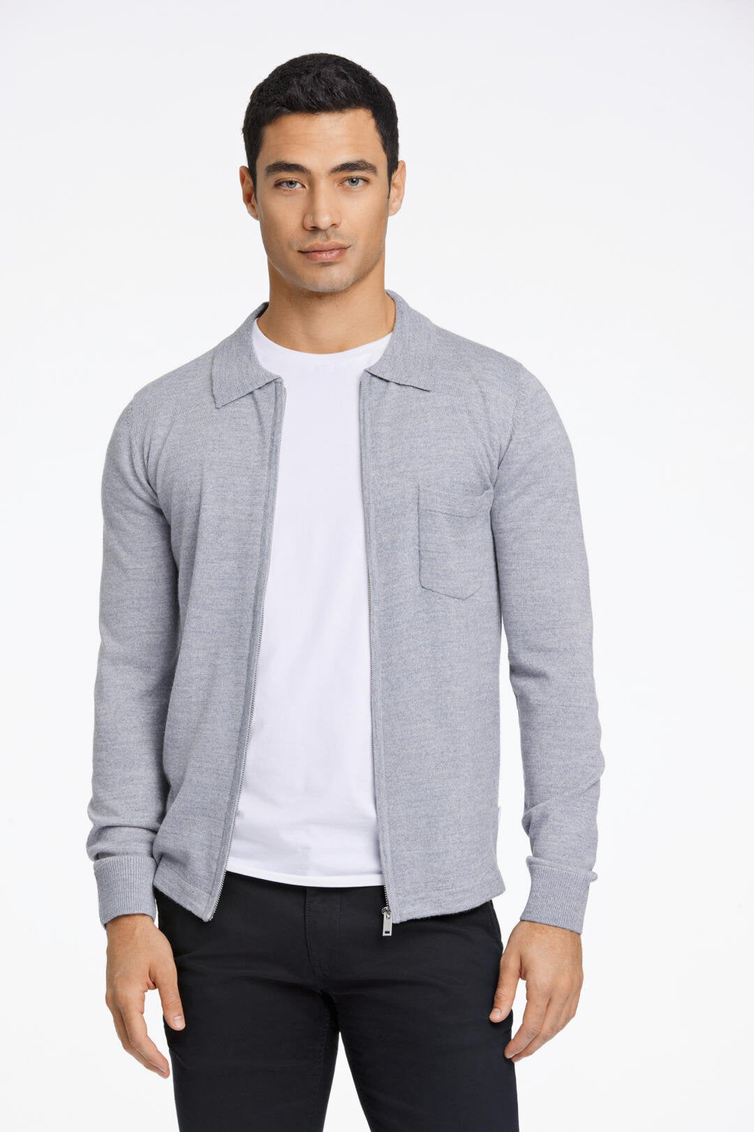 Merino polo cardigan Light grey mix