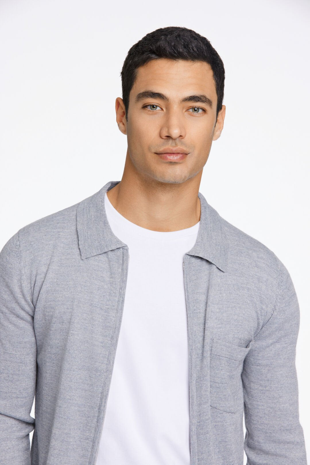 Merino polo cardigan Light grey mix