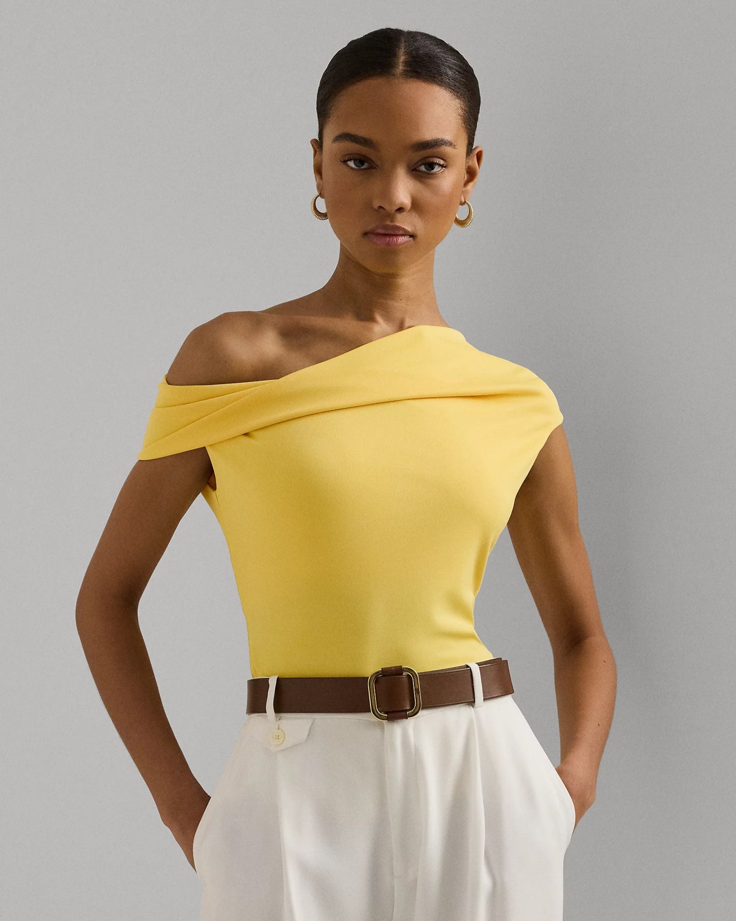 Off shoulder jersey stretch top yellow