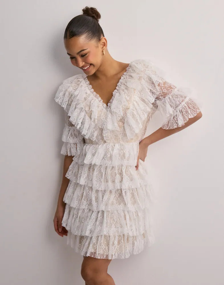 Sky v-neck frill mini lace dress