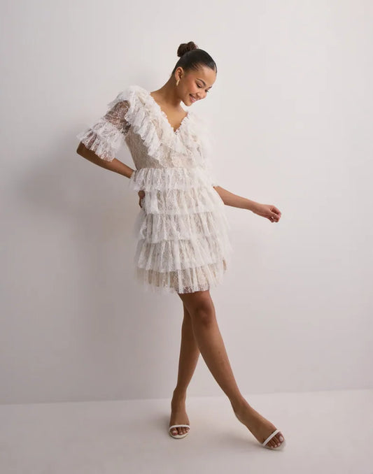 Sky v-neck frill mini lace dress