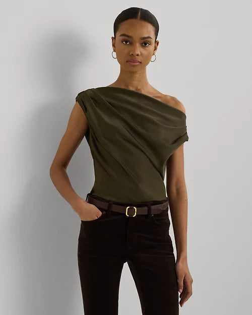 Satin Charmeuse Off-the-Shoulder Blouse Botanic Green