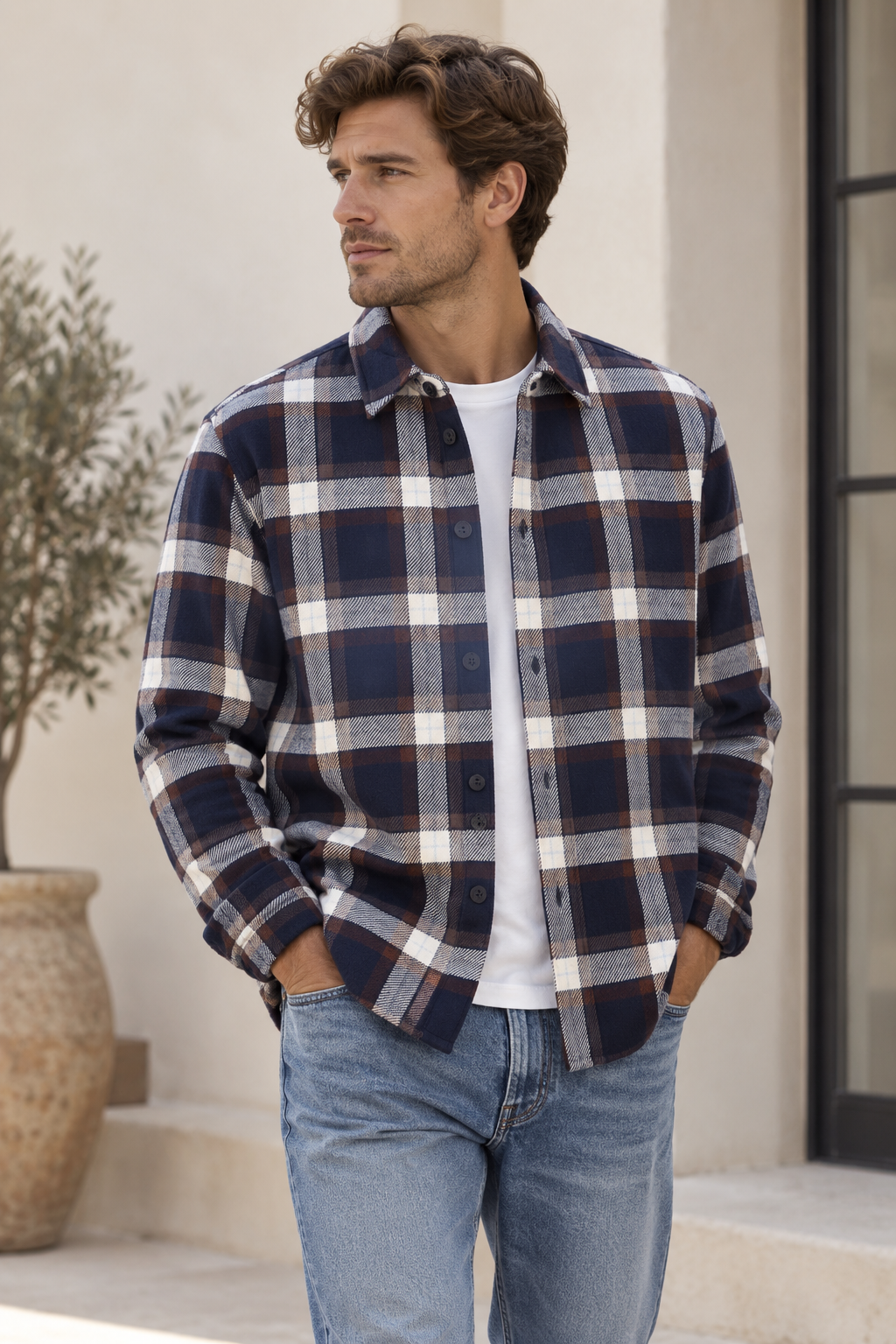 Knowledge cotton Apparel- Flannel check overshirt navy