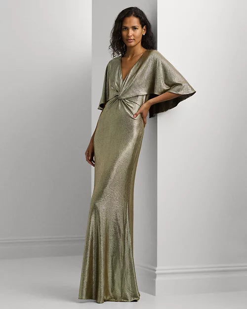 Metallic Knit Twist-Front Cape Gown