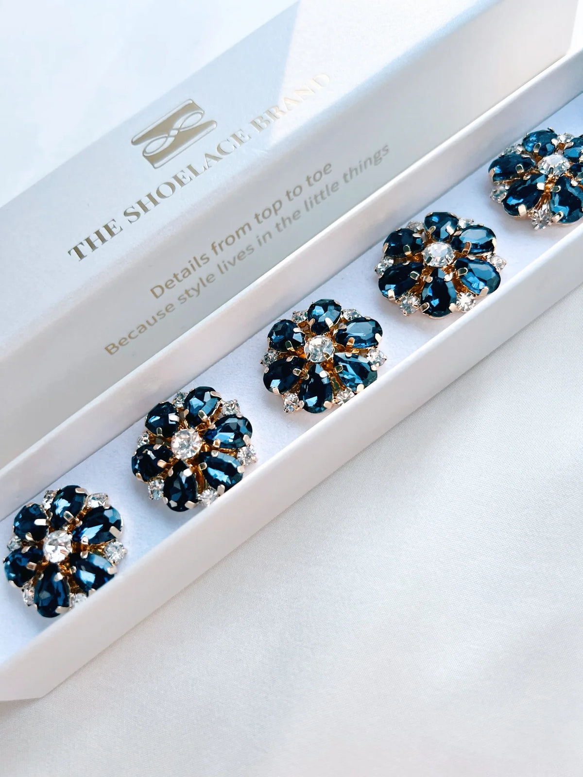 The Shoeslace Brand -Isabelle – Navy & White Flower Button Charm Gold