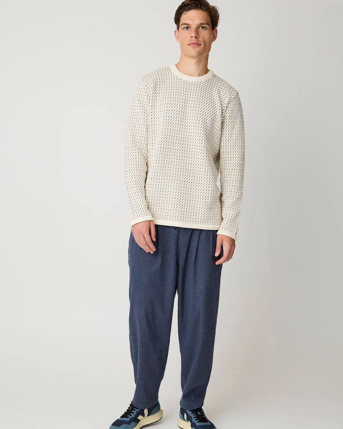 Knowledge Cotton Apparel – Jacquard Crew Neck Sweater – Creme